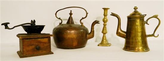 Appraisal: th C Coffee grinder copper teapot brass coffee pot brass