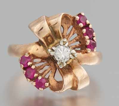 Appraisal: A Retro Style Pink Gold Diamond and Ruby Ring k