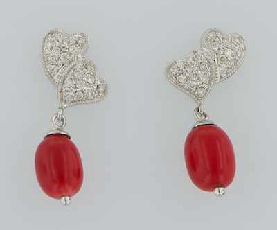 Appraisal: A Pair of Diamond Heart and Coral Earrings k white