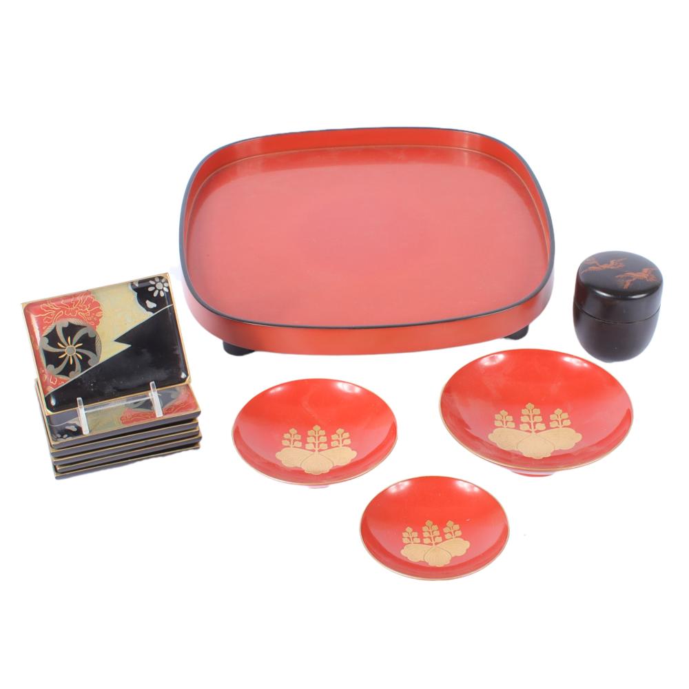 Appraisal: JAPANESE RED LACQUER SQUARE TRAY WITH SMALL TEA TRAYS THREE