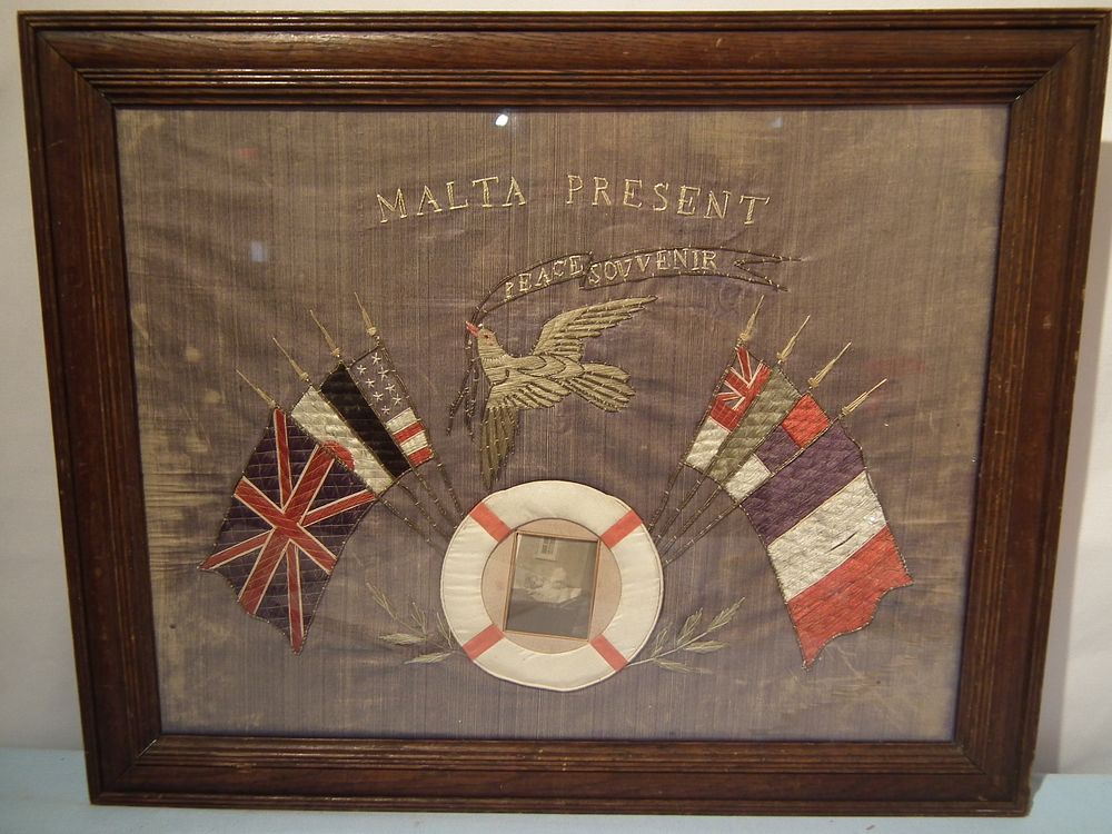 Appraisal: MALTA PEACE SOUVENIR World War I era framed and embroidered