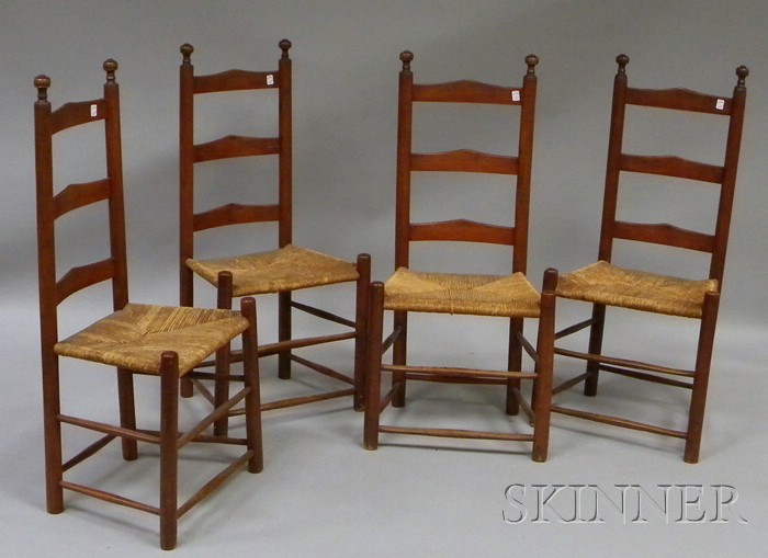 Appraisal: Set of Four Red-stained Wooden Slat-back Side Chairs with Woven