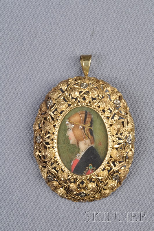 Appraisal: kt Gold Pendant Brooch centering a portrait of a bejeweled