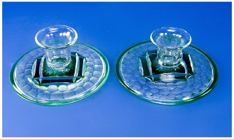 Appraisal: Pair Of Art- Deco Glass Squat Candlesticks on circular bases