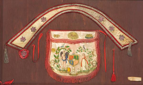 Appraisal: An American Masonic Lodge embroidered and painted silk apron and