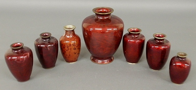 Appraisal: - Seven Japanese red cloisonn vases largest h smallest h