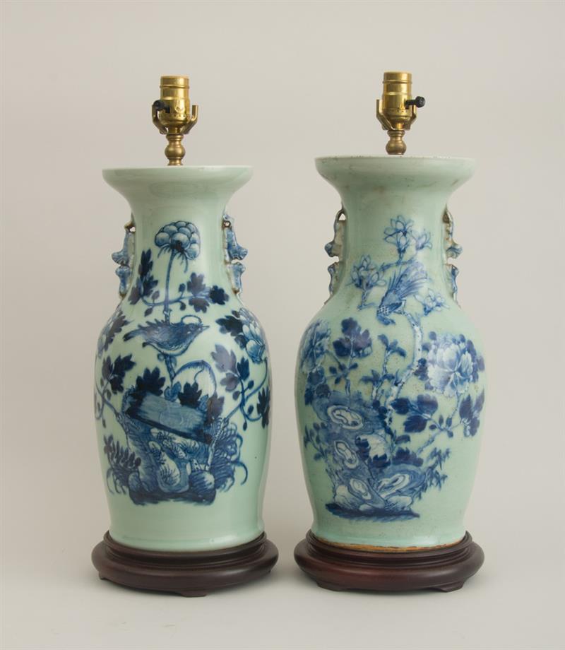 Appraisal: TWO SIMILAR MODERN CHINESE PORCELAIN CELADON-GROUND BALUSTER-FORM VASES MOUNTED AS