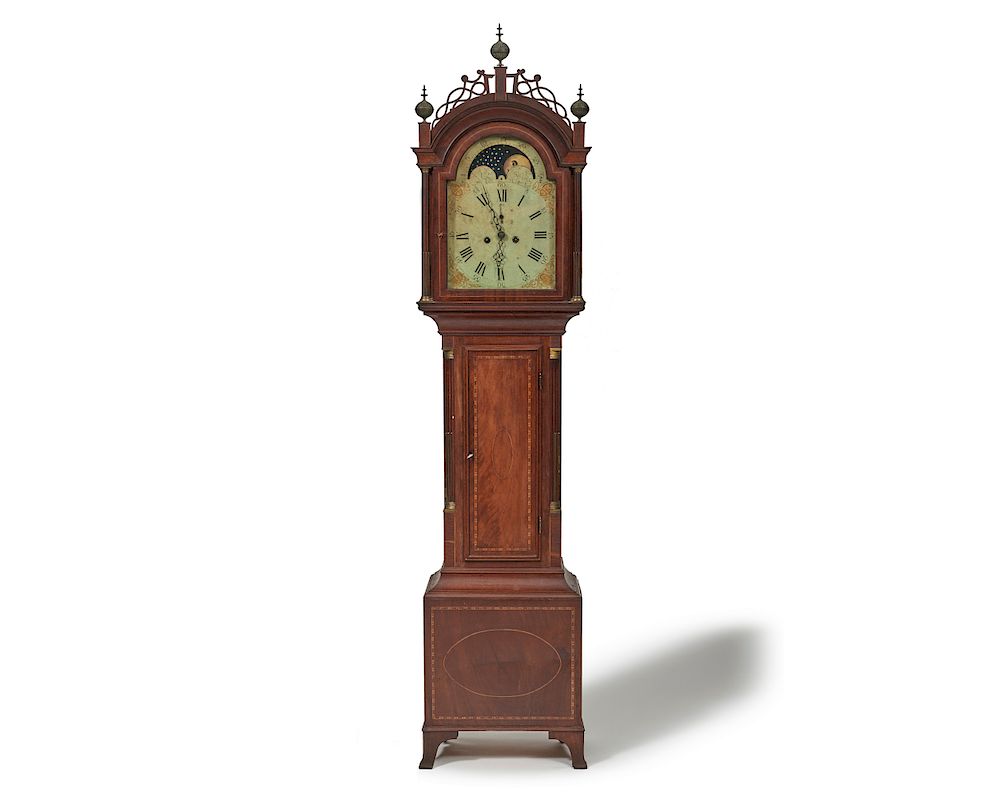 Appraisal: Federal Brass-Mounted Mahogany-Inlaid Moon Phase Tall-Case Clock Federal Brass-Mounted Mahogany-Inlaid