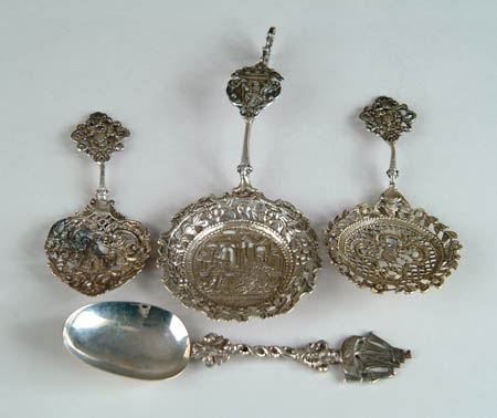 Appraisal: FOUR FANCY CONTINENTAL SILVER SPOONS Three with large pierced decorated