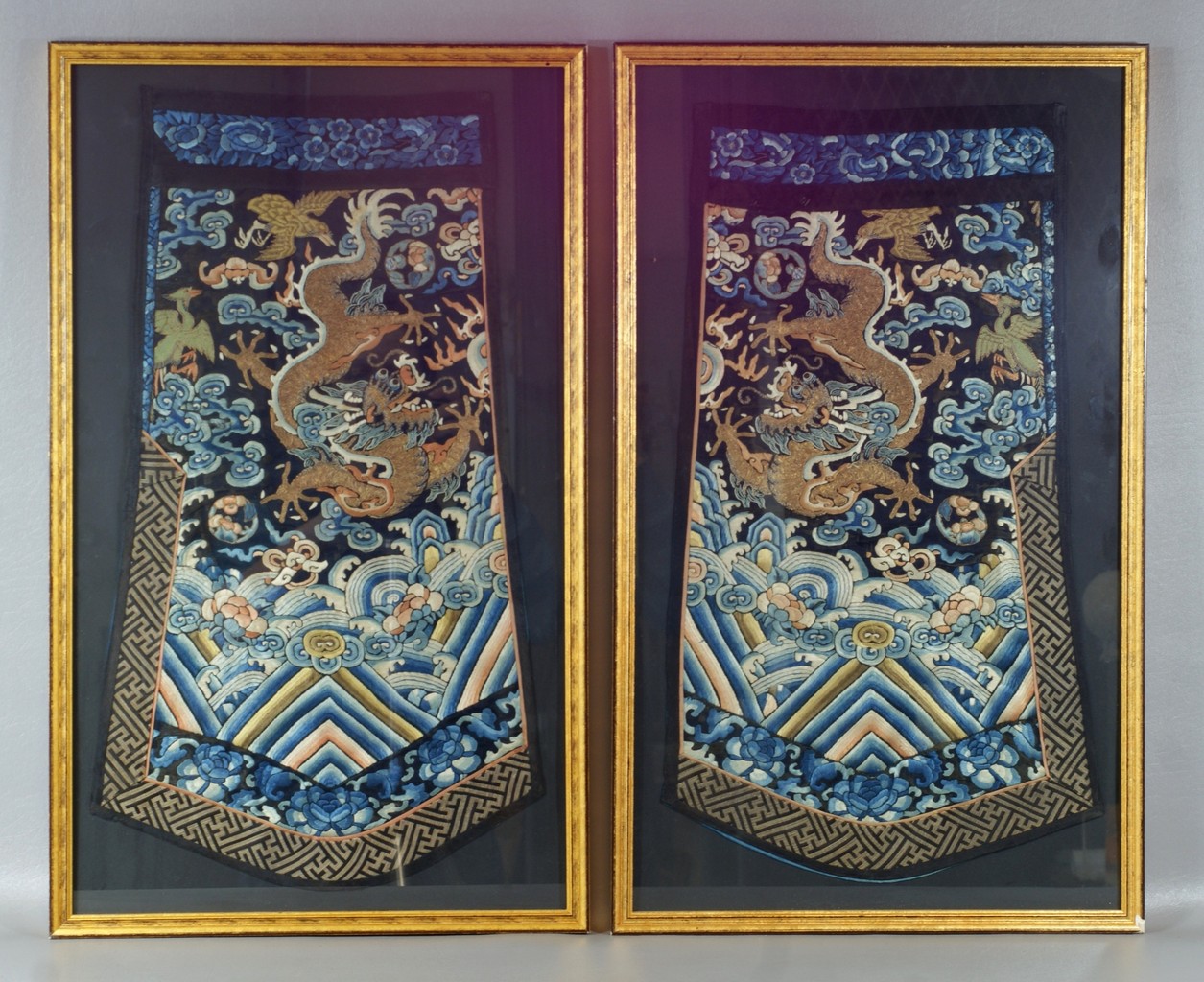 Appraisal: Embroidered silk and gold metal thread panels with dragon birds