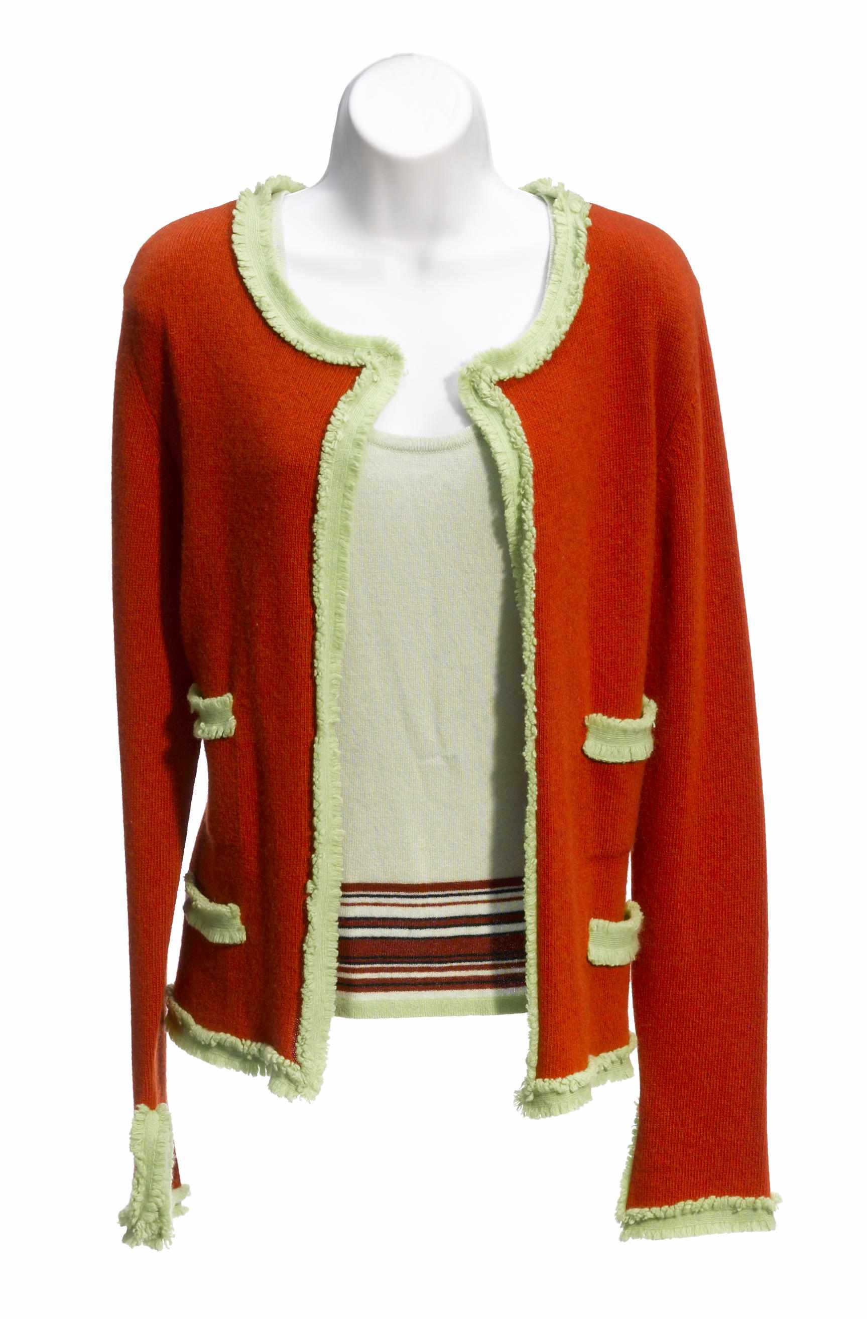 Appraisal: A Chanel orange and lime trimmed cardigan size together with