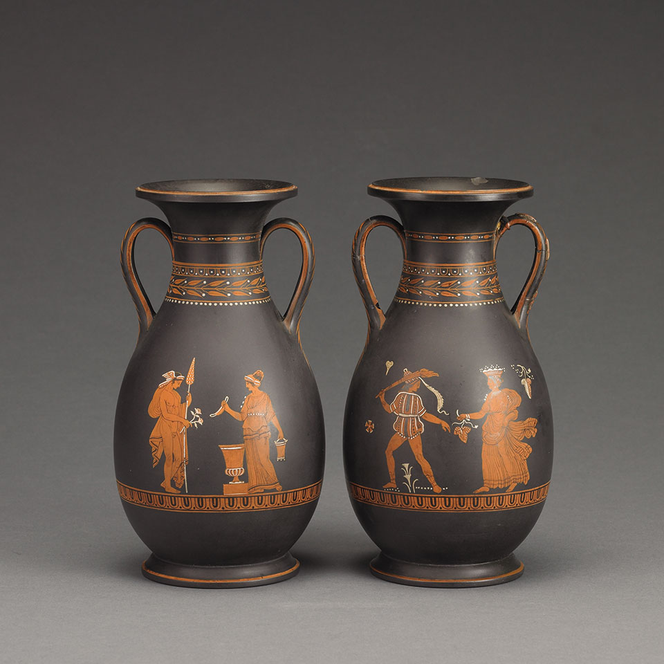 Appraisal: Pair of Wedgwood Encaustic Vases mid- th century repairs to