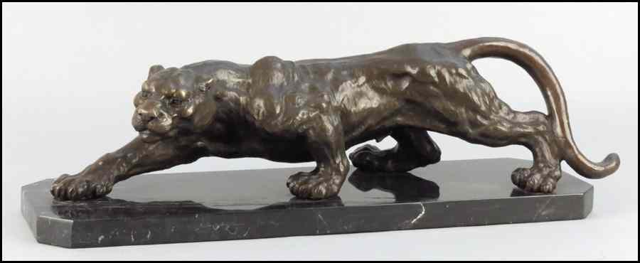 Appraisal: BRONZE LARGE CAT FIGURE Raised on '' marble base Bronze