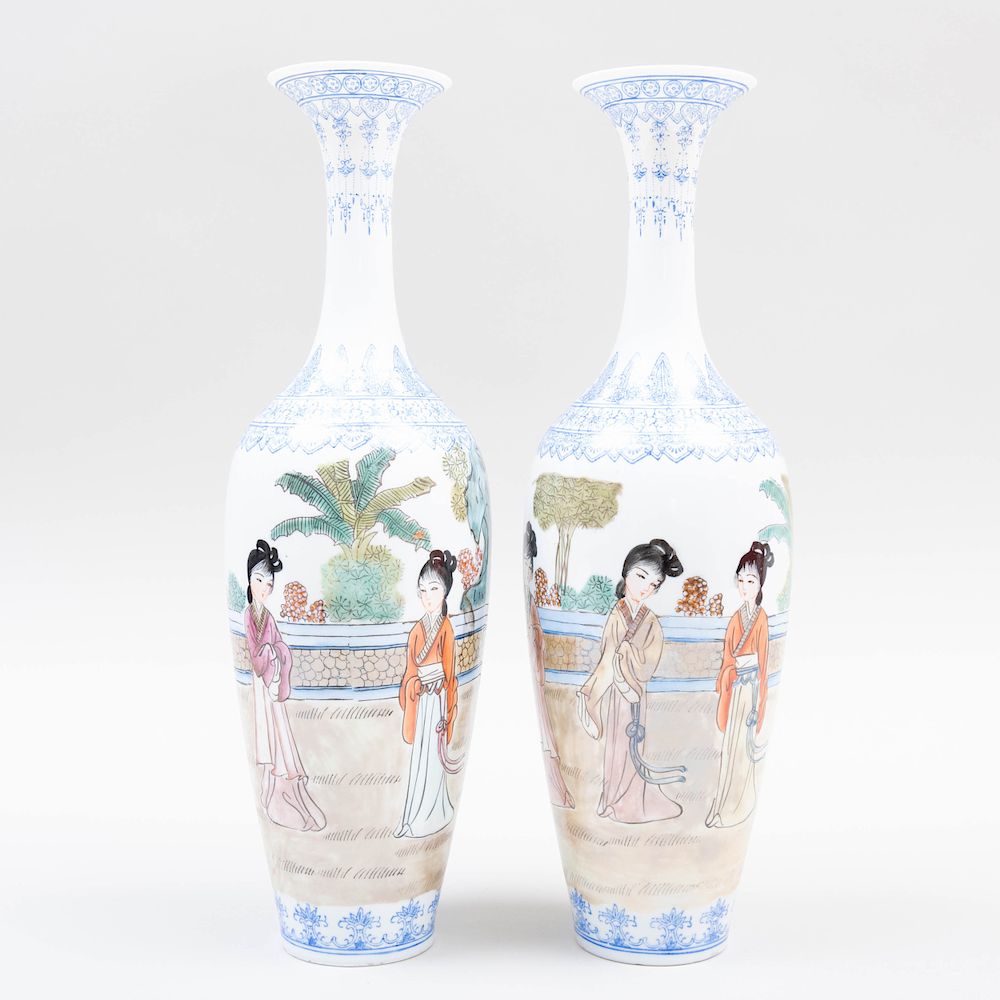 Appraisal: Pair of Chinese Eggshell Porcelain Vases with Beauties in Pursuits