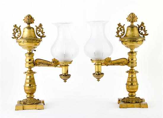 Appraisal: Pair Classical single-arm gilt-bronze Argand lamps th century acanthus finial