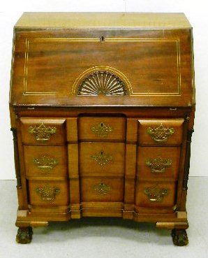 Appraisal: Chippendale style block-front desk mahogany shell carved lid ball and