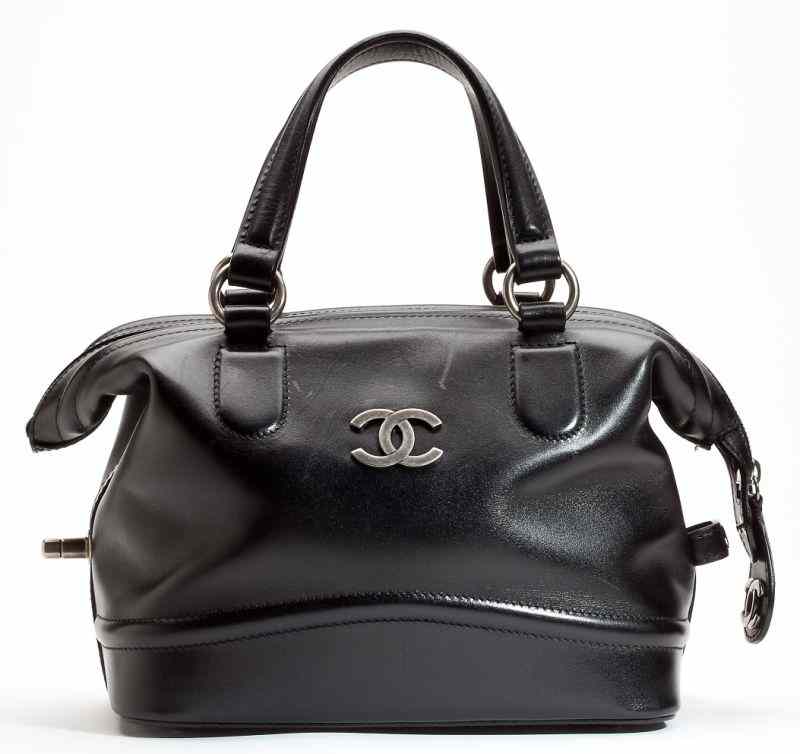 Appraisal: Black Leather Tote Bag Chaneldesigned in black leather with signature