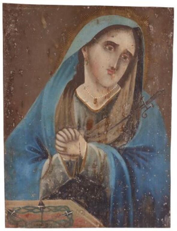 Appraisal: Unframed oil on tin retablo Nuestra Senora de los Dolores