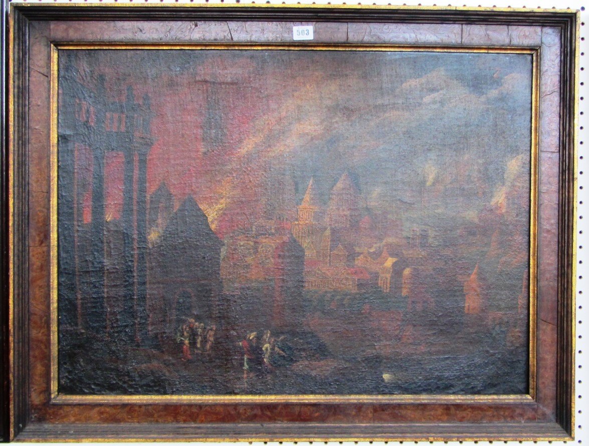 Appraisal: Flemish School th century View of a burning city oil