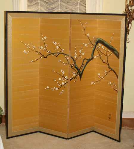 Appraisal: Japanese Painted Gold Silk Four-Panel Floor Screen Modern - x