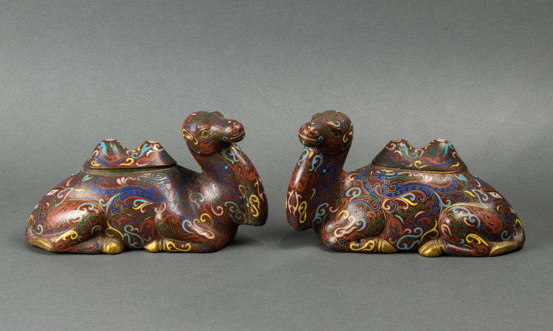 Appraisal: PAIR OF CHINESE CLOISONNE ENAMEL CAMEL FORM BOXES Pair of