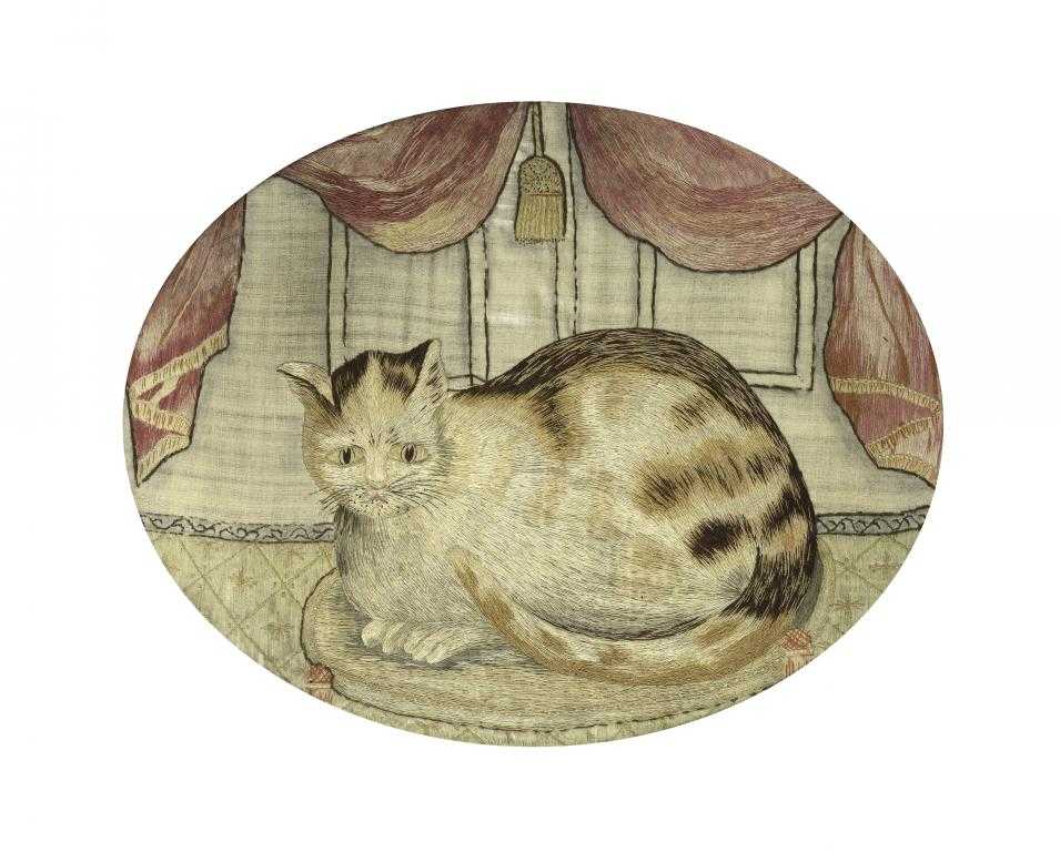 Appraisal: A REGENCY OVAL NEEDLEWORK PICTURE OF A CAT ON A