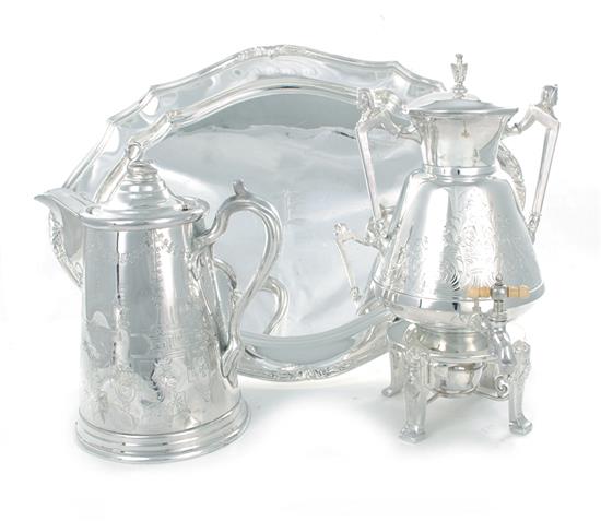 Appraisal: American silverplate pitcher kettle and tray Meriden iced beverage pitcher