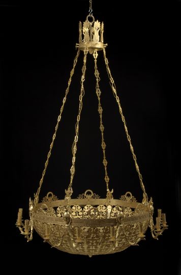 Appraisal: Monumental French Gilt-Lacquered Reticulated Brass Sixteen-Light Chandelier of corbeille form