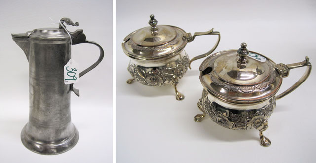 Appraisal: PEWTER TANKARD A SILVER PLATE CONDIMENT SET pieces The German