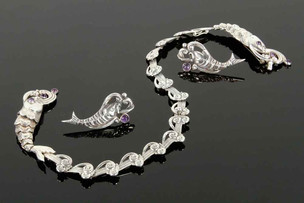 Appraisal: - Mexican Sterling and Amethyst Fish Bracelet and Earrings Mexican