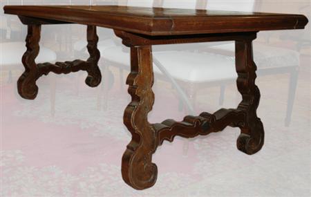 Appraisal: Spanish Style Parquetry and Fruitwood Trestle Base Dining Table Estimate