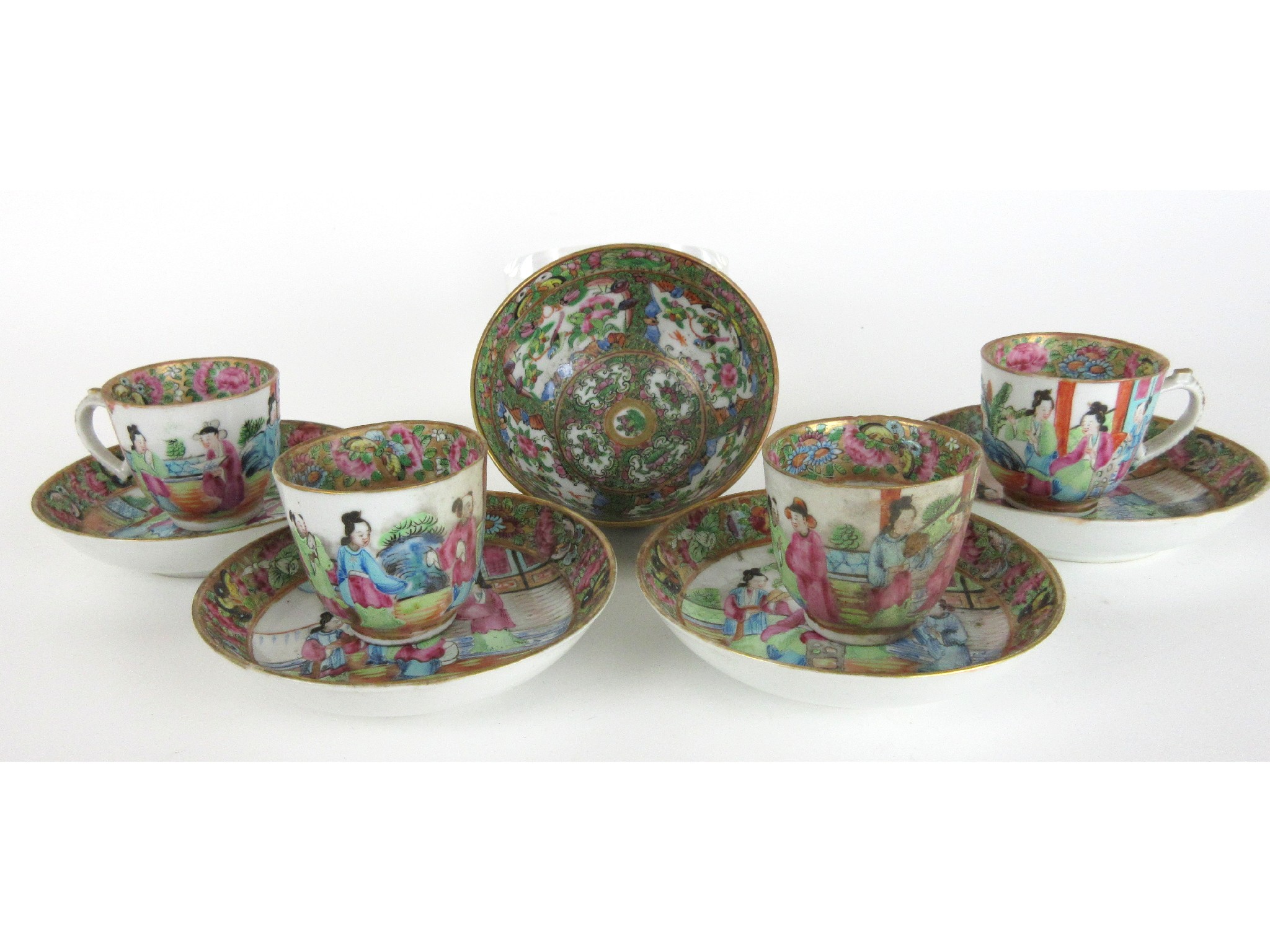 Appraisal: Four Cantonese famille rose coffee cups and four saucersprinted with