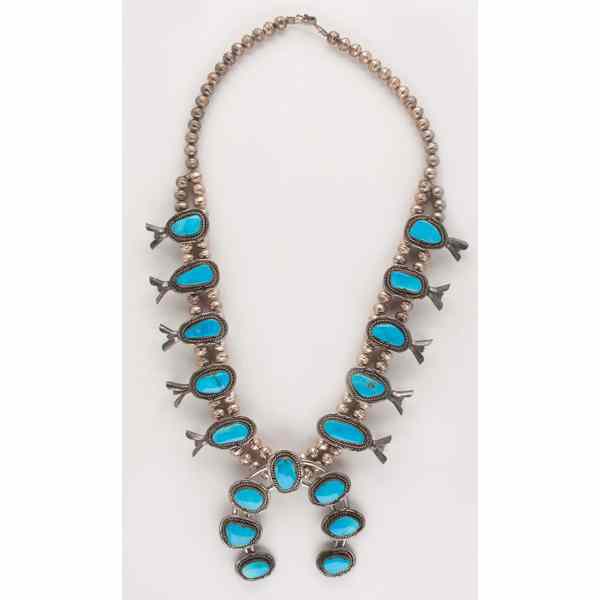 Appraisal: Navajo Turquoise and Silver Squash Blossom Necklace necklace with large