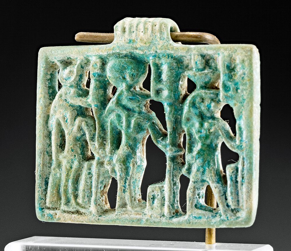 Appraisal: Egyptian Glazed Faience Openwork Amulet w Deities Egypt Late Dynastic