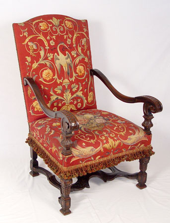 Appraisal: TH CENTURY CARVED MAHOGANY THRONE CHAIR Regal red tapestry Curved