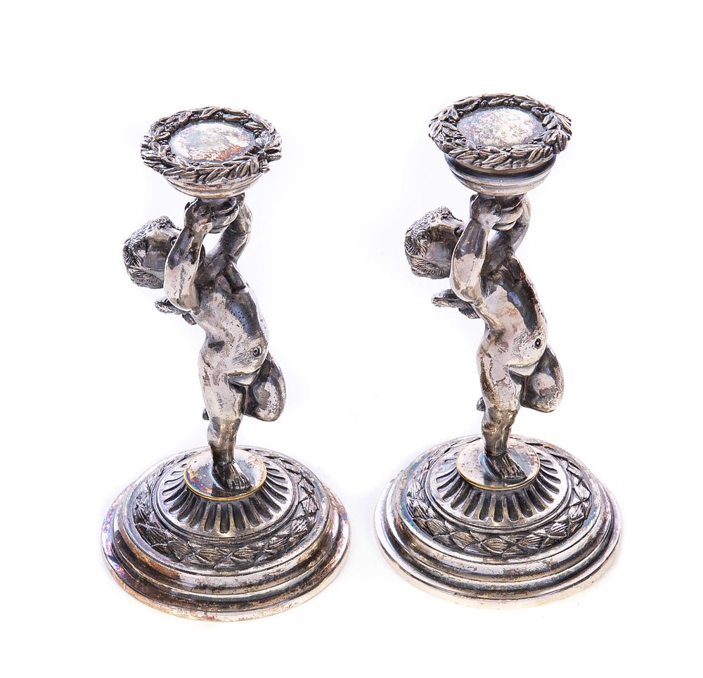 Appraisal: Pair Silver Pairpoint compote stands signed Pair Silver Pairpoint compote