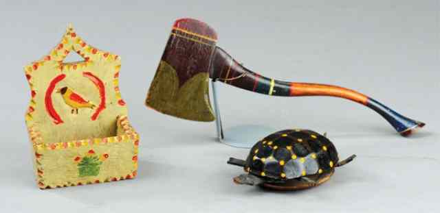 Appraisal: EARLY WOOD MATCH SAFE AND TWO WOOD TOYS Hand painted