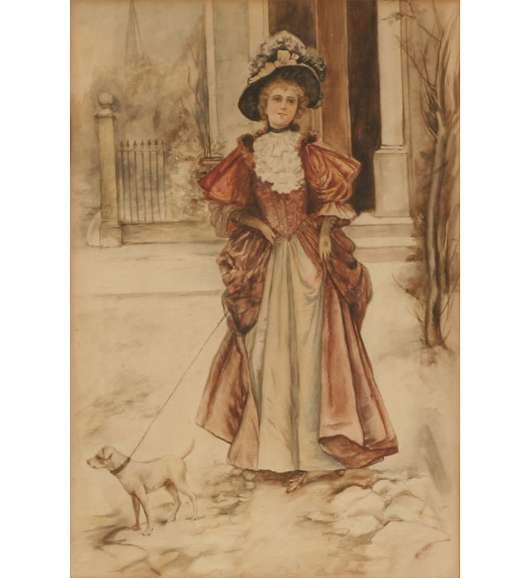 Appraisal: Victorian watercolor of a woman walking her dog Unsigned x