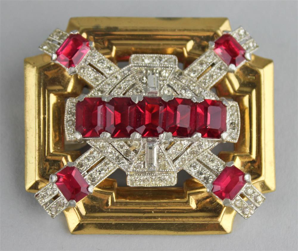 Appraisal: MCCLELLAND BARCLAY PIN IN GOLD WITH RED AND COLORLESS RHINESTONES