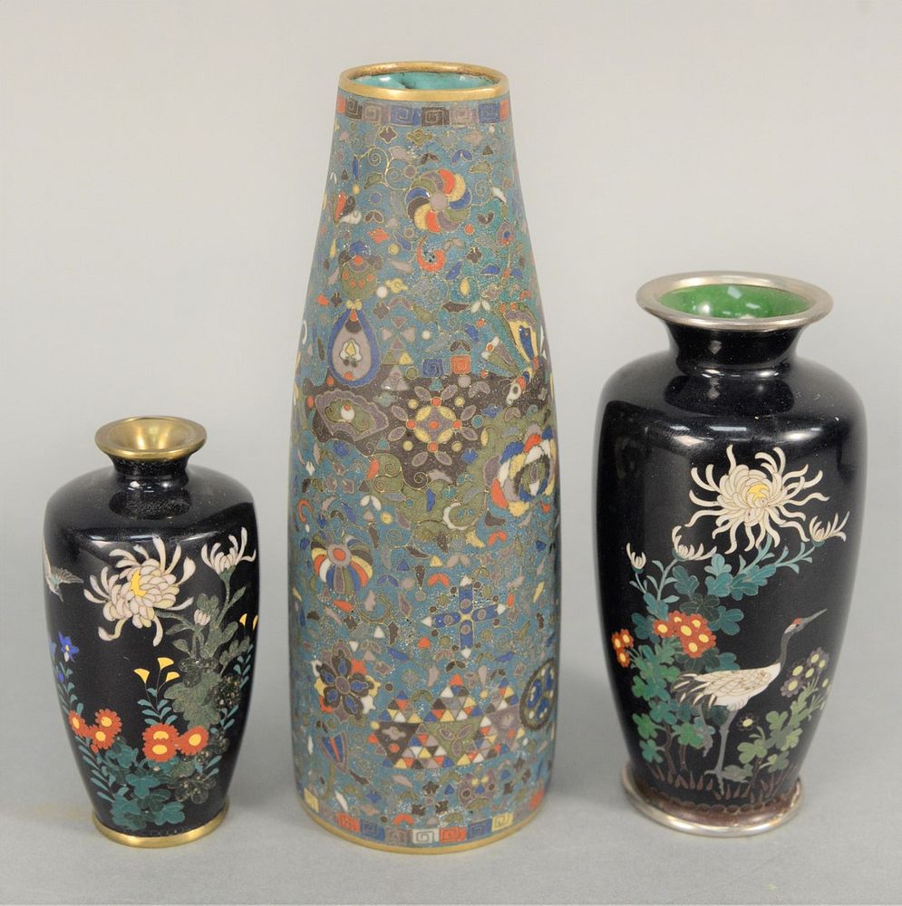 Appraisal: Three Cloisonne Vases to include one having crane and wildflowers