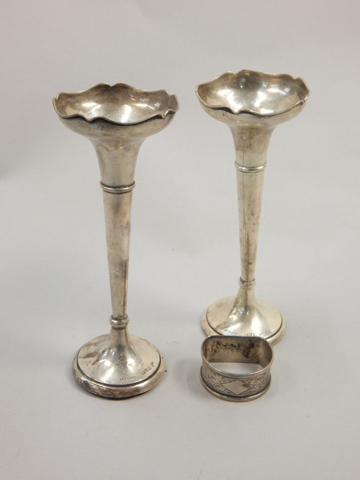 Appraisal: A pair of George V silver specimen vases loaded Chester