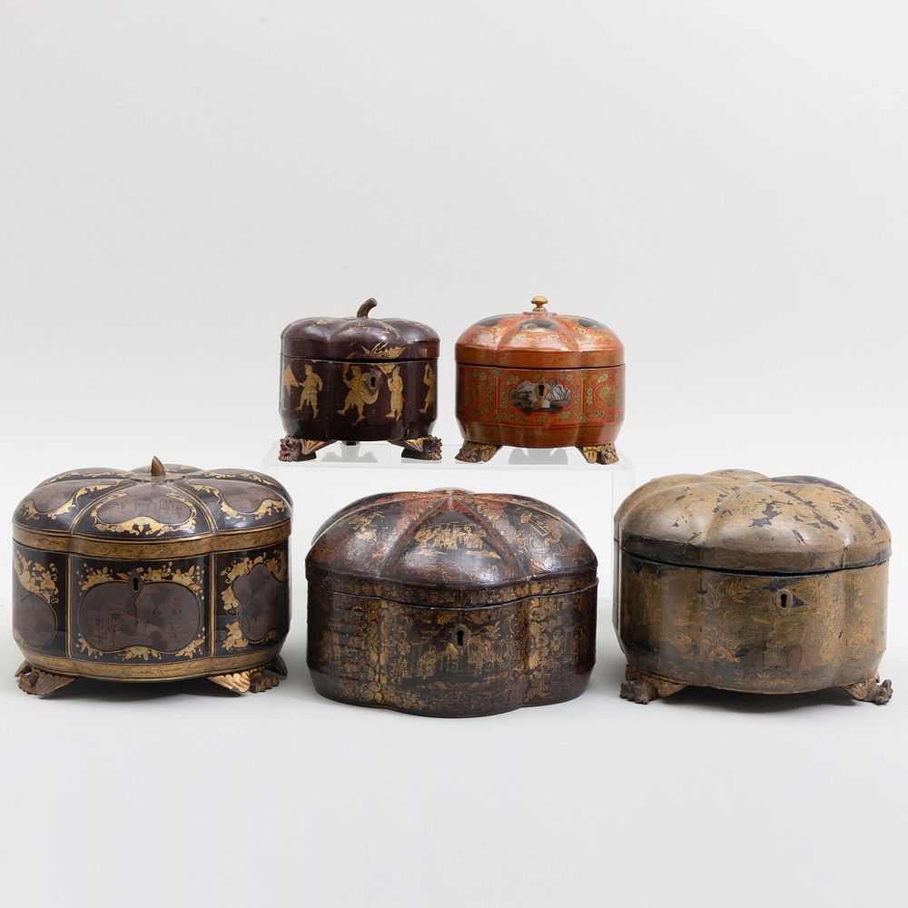 Appraisal: Five Chinese Export Lacquer Lobed Tea Caddies Three with pewter