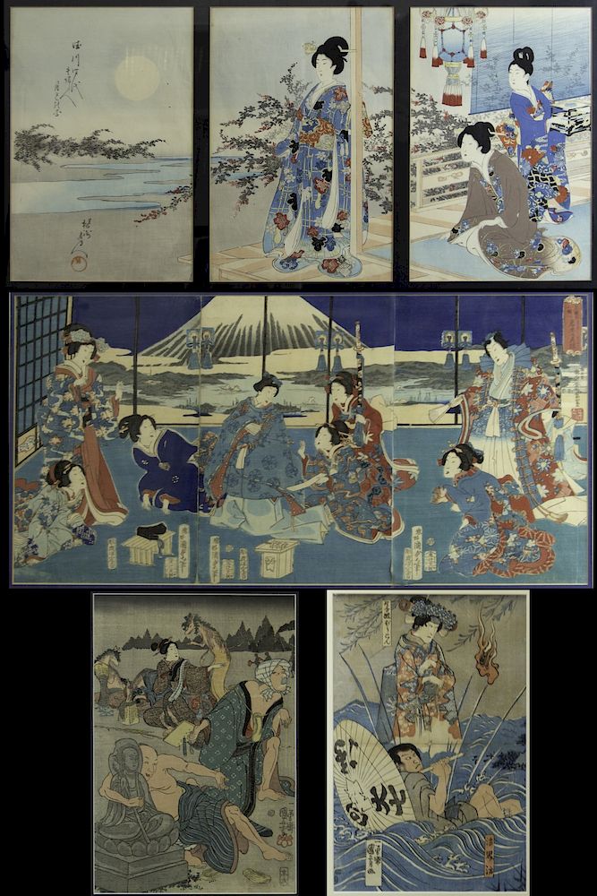 Appraisal: CHIKANOBU and KUNIYOSHI Triptychs One Chikanobu triptych and one Kuniyoshi