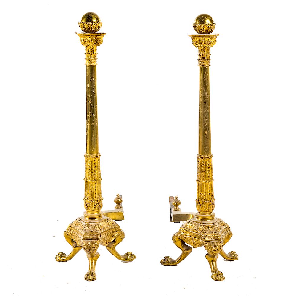 Appraisal: Pair Empire style brass andirons th century sphere and foliate