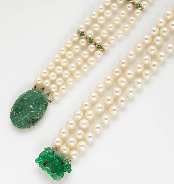 Appraisal: A set of cultured pearl jadeite jade and fourteen karat