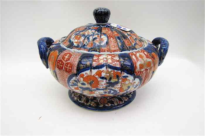 Appraisal: IMARI PATTERN ENGLISH IRONSTONE COVERED TUREEN with cobalt blue handles