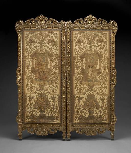 Appraisal: A R gence style carved giltwood two fold floor screen