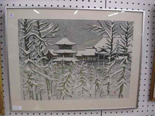 Appraisal: Japanese Woodblock Printsigned illegible winter landscape with village in background