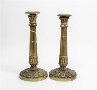 Appraisal: A Pair of Empire Style Gilt Metal Candlesticks Height inches