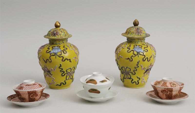 Appraisal: PAIR OF CHINESE YELLOW-GROUND JARS AND COVERS AND THREE JAPANESE